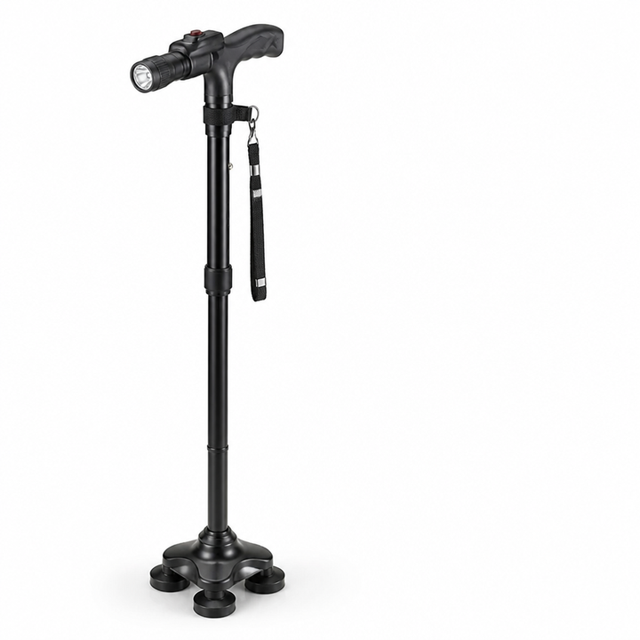 Lätt hopfällbar promenadkäpp i aluminium med fyrpunktsbas, LED-ljus och alarm