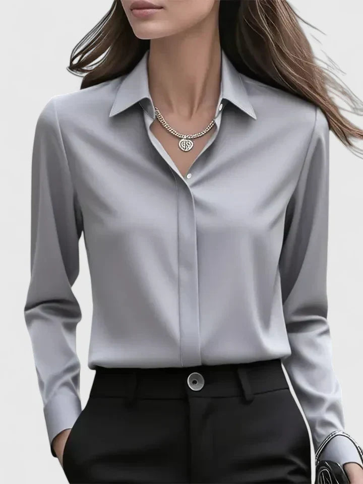 Långärmad satinblus för dam – elegant kontorsblus