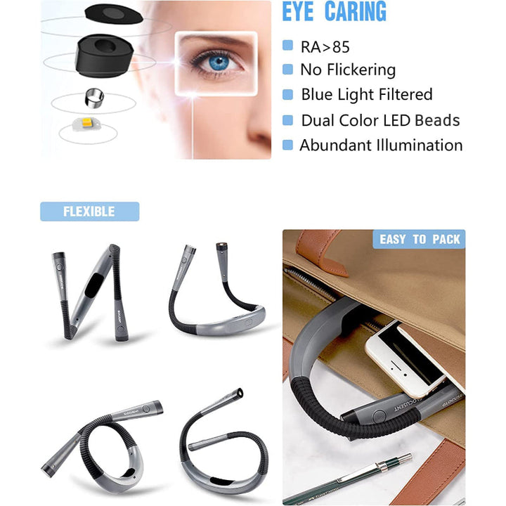 LED-läslampa för nacken, läslampa för sängen, 3 färger, 6 ljusstyrkenivåer, böjlig arm, uppladdningsbar, hållbar, perfekt för läsning, stickning, camping, reparationer