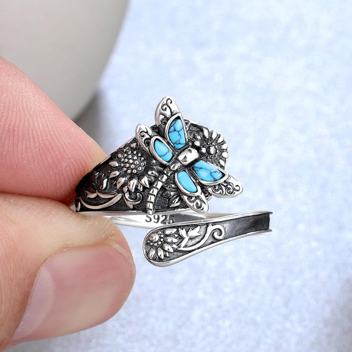 Turkos Skedring i sterlingsilver – Vintage Boho Wrap-ring med trollslända