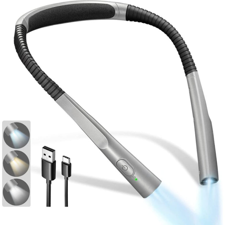 LED-läslampa för nacken, läslampa för sängen, 3 färger, 6 ljusstyrkenivåer, böjlig arm, uppladdningsbar, hållbar, perfekt för läsning, stickning, camping, reparationer