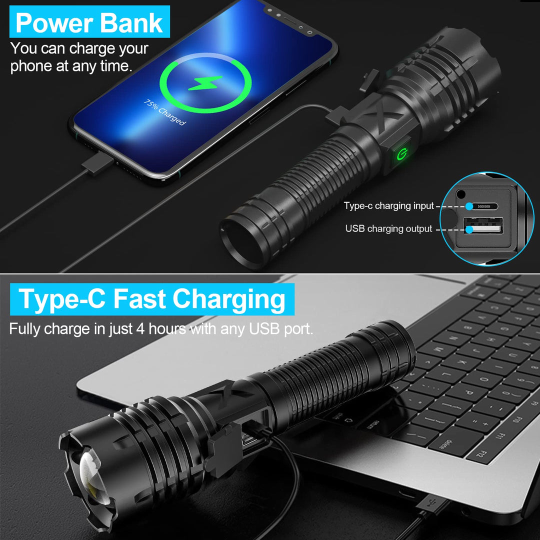 Banral 100000 lumen laddningsbar ficklampa, IPX6 vattentät, 5 lägen, zoombar, aluminium