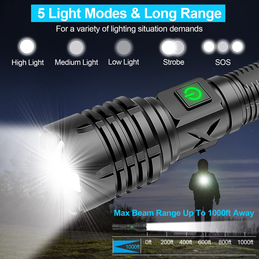 Banral 100000 lumen laddningsbar ficklampa, IPX6 vattentät, 5 lägen, zoombar, aluminium