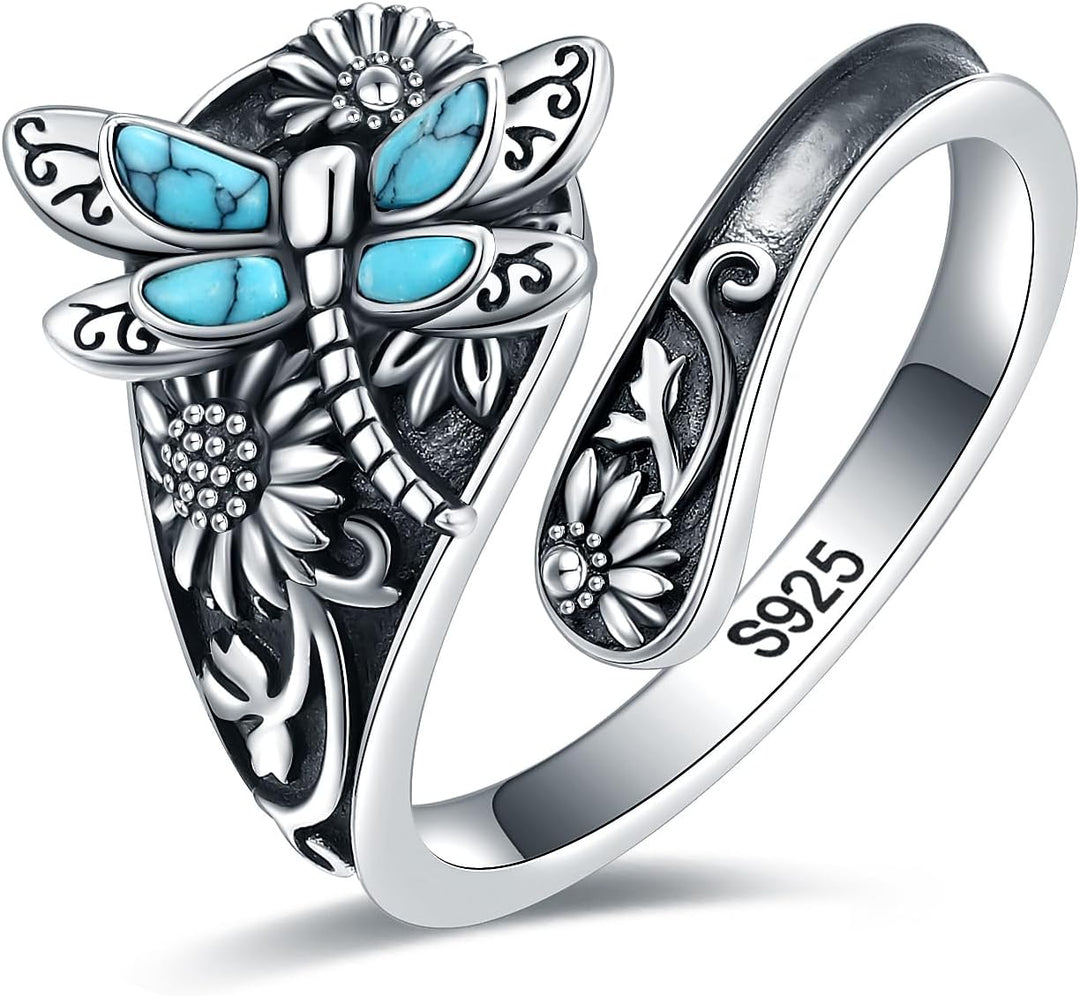Turkos Skedring i sterlingsilver – Vintage Boho Wrap-ring med trollslända