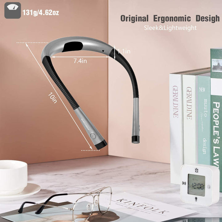 LED-läslampa för nacken, läslampa för sängen, 3 färger, 6 ljusstyrkenivåer, böjlig arm, uppladdningsbar, hållbar, perfekt för läsning, stickning, camping, reparationer