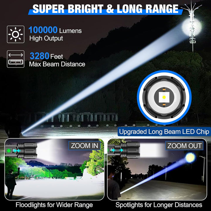 Kraftfull LED-ficklampa – upp till 100 000 lumen