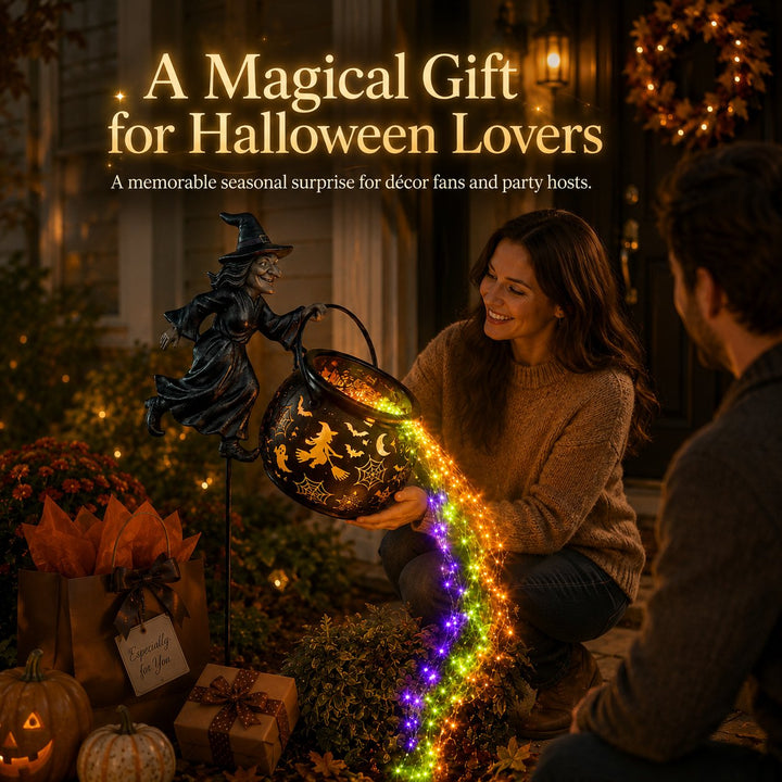 Halloween-trädgårdslampa i form av häxkittel med färgglatt sken och kusliga projektioner