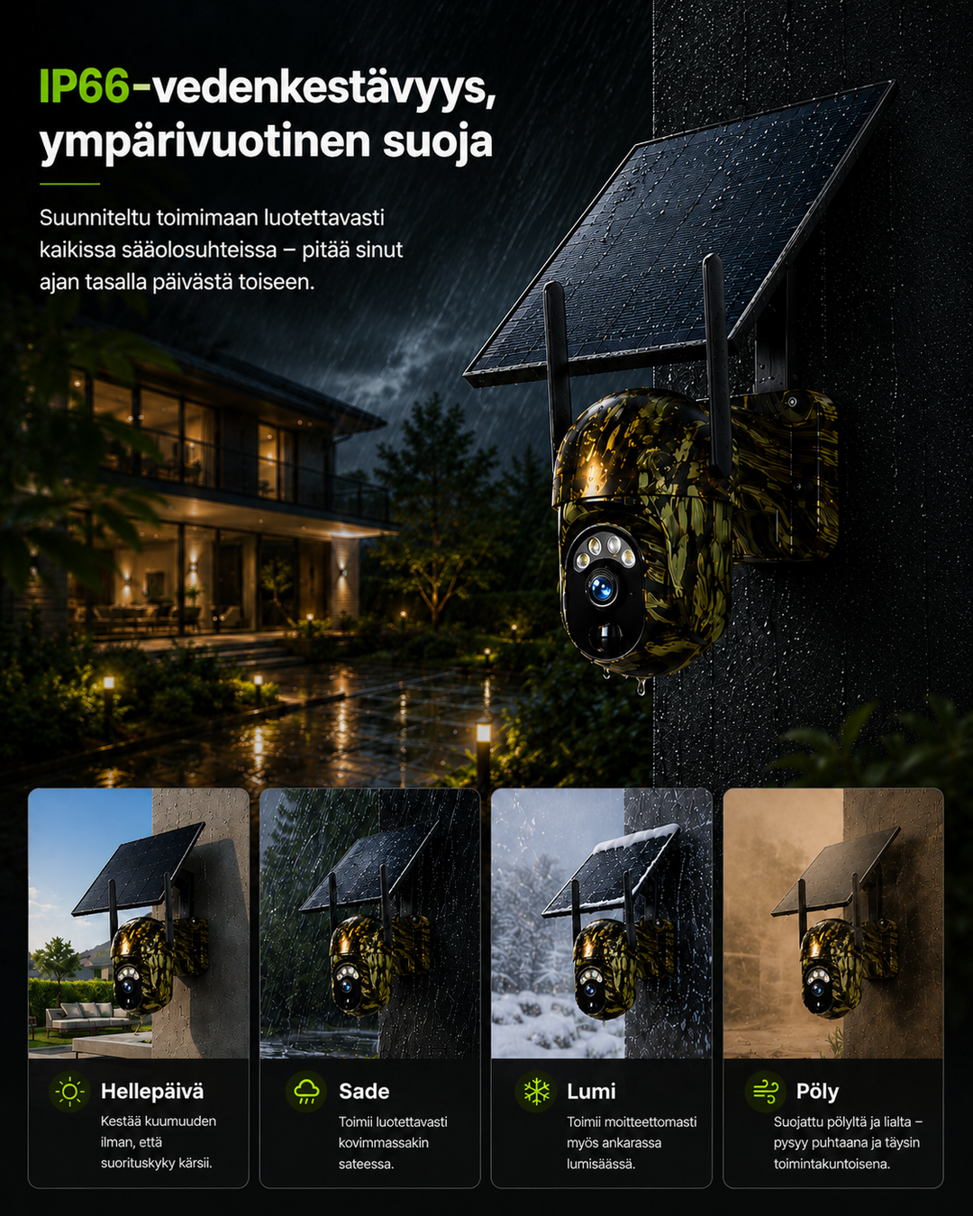 Soldriven trådlös övervakningskamera med 4G LTE eller wifi, 2K, PTZ, mörkerseende