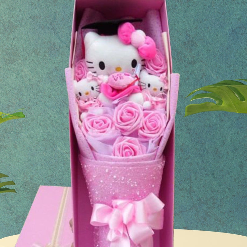 Bukett med färgglada konstgjorda blommor och Kitty-figurer för presenter och dekoration