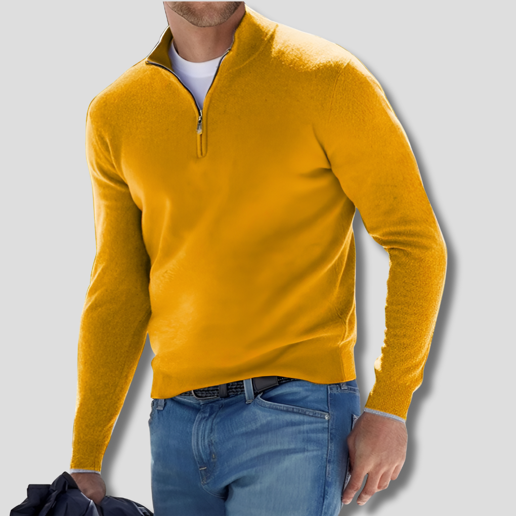 Herresweater i blødt stofstrik med lynlås i kraven