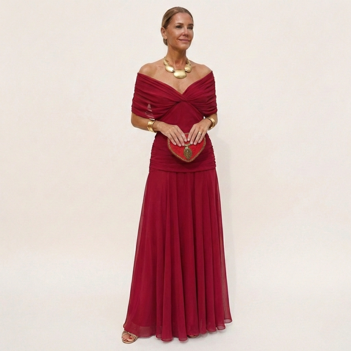 Lång, elegant, flödande damklänning – V-ringning, raffinerad design