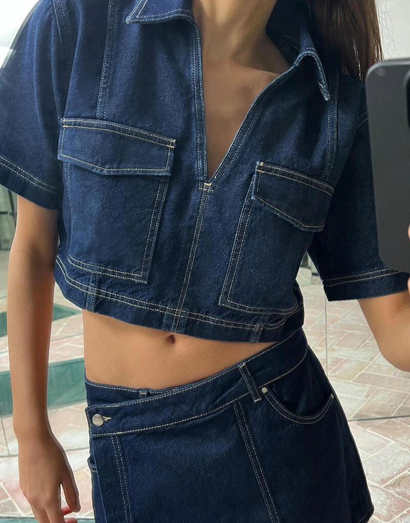 Todelt denim sæt med top og nederdel