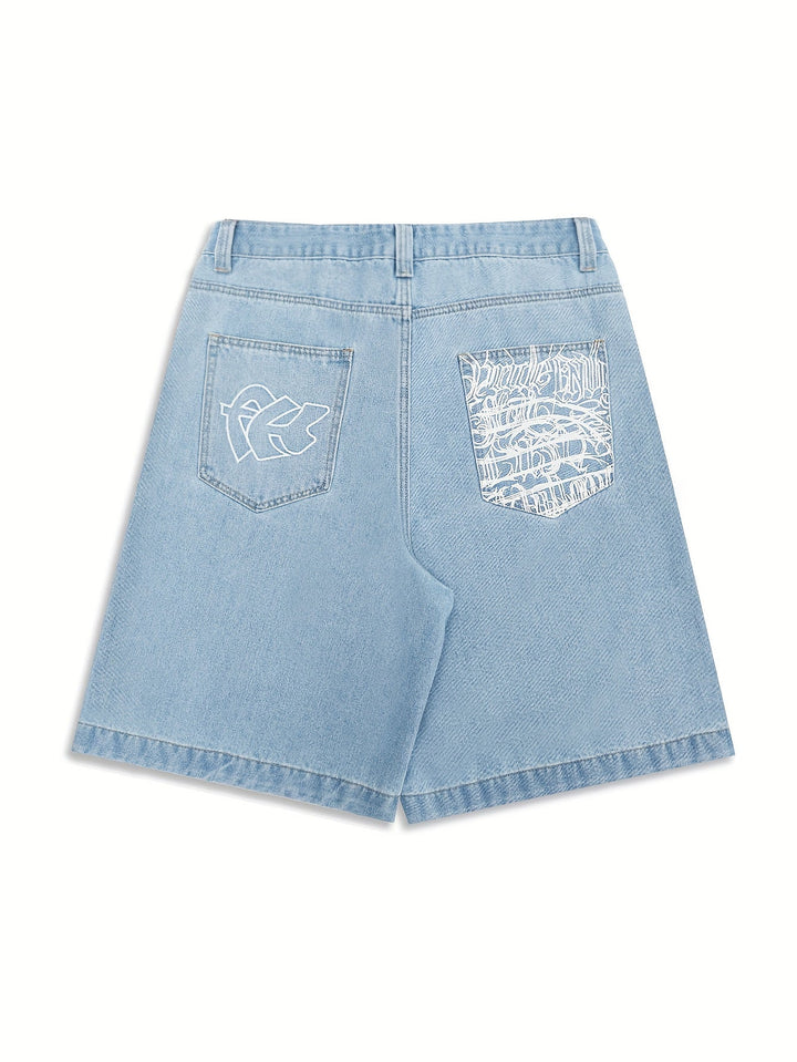 Vardagsbermudas i denim med elegant blomsterbroderi
