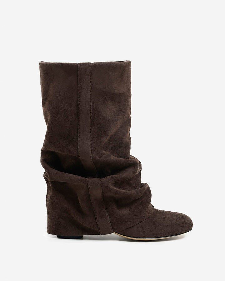 Slouchy knähöga stövlar för dam med dold klack, rundad tå, mörk choklad