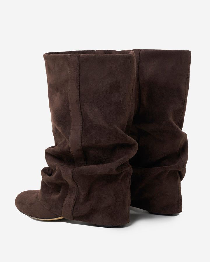 Slouchy knähöga stövlar för dam med dold klack, rundad tå, mörk choklad