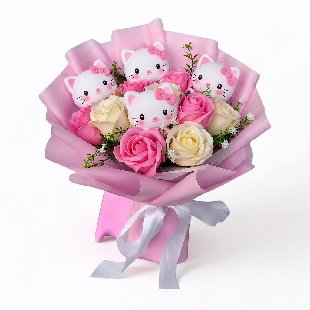 Bukett med färgglada konstgjorda blommor och Kitty-figurer för presenter och dekoration