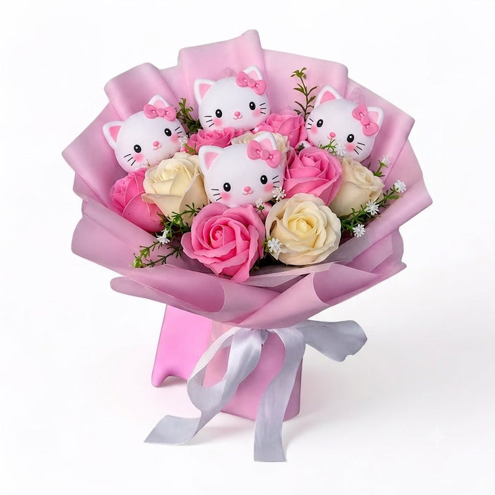 Bukett med färgglada konstgjorda blommor och Kitty-figurer för presenter och dekoration