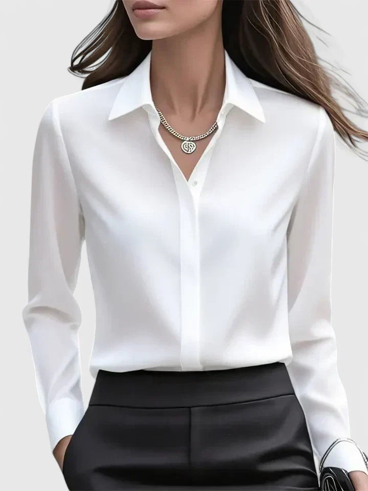 Långärmad satinblus för dam – elegant kontorsblus