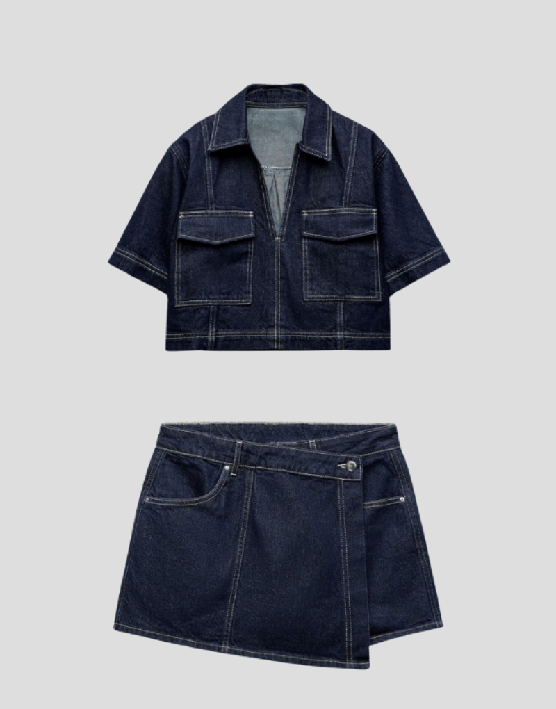 Todelt denim sæt med top og nederdel