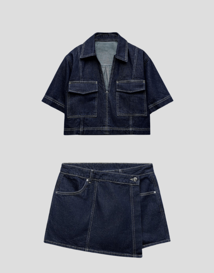 Todelt denim sæt med top og nederdel
