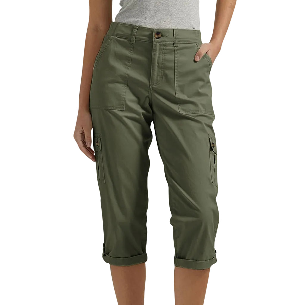 Solid Color Casual Cropped Pants - Women's High Waist Multiple Pockets Capri Trousers for Daily Wear