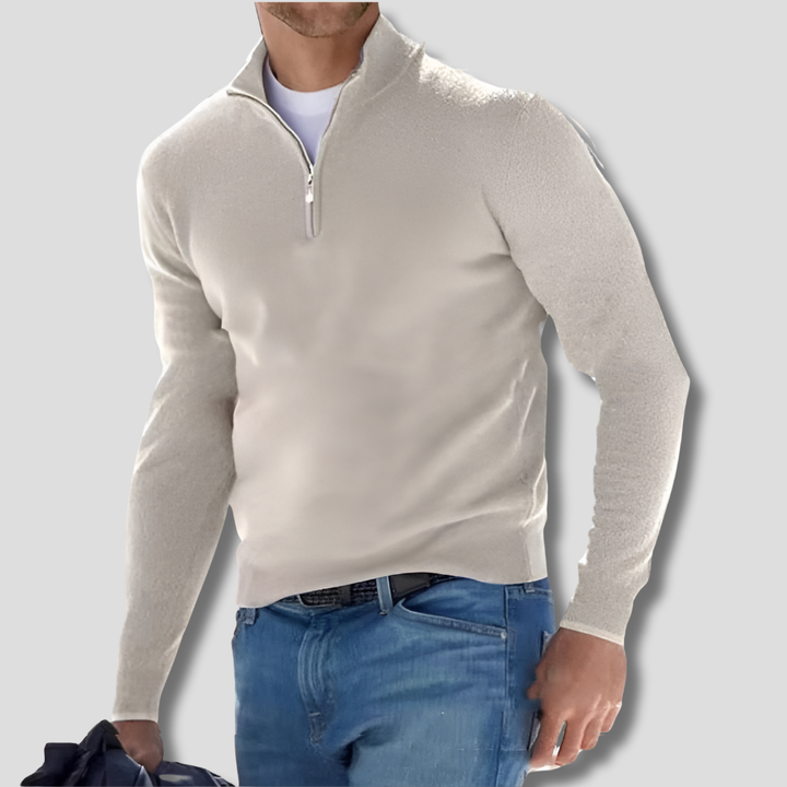 Herresweater i blødt stofstrik med lynlås i kraven