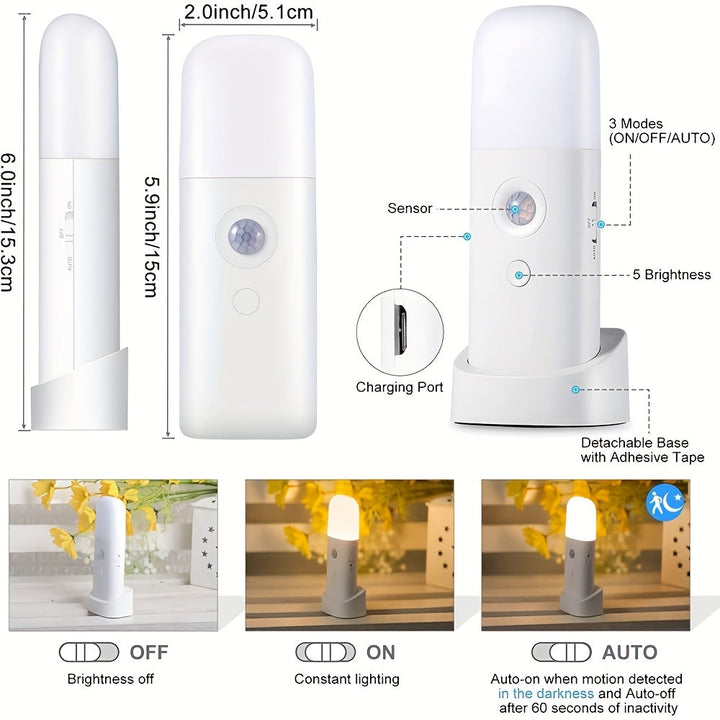 LED-nattlampa med rörelsesensor – USB-laddningsbar och justerbar ljusstyrka för sovrum och hallar