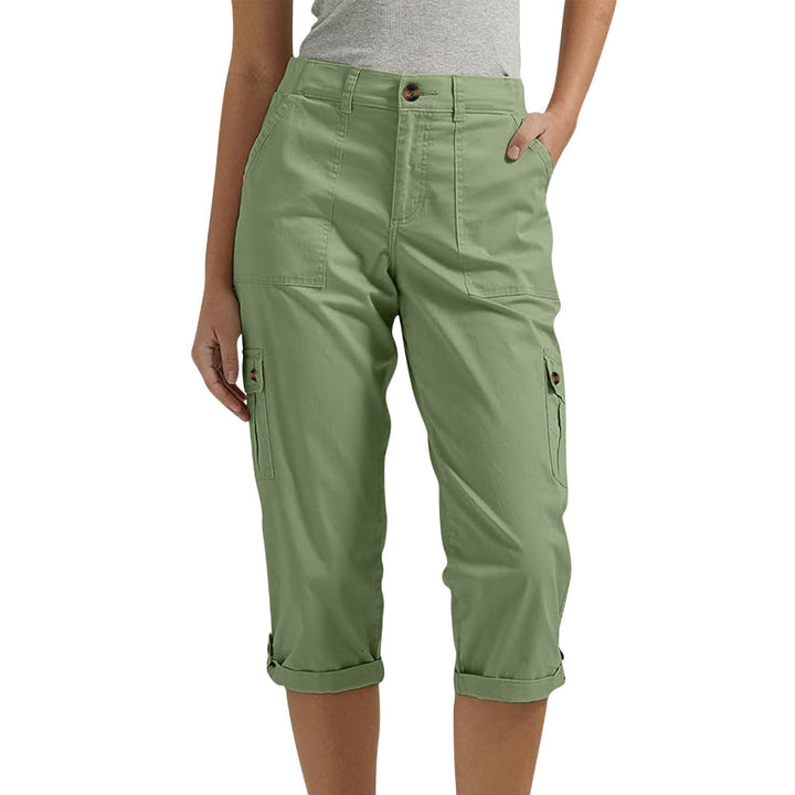 Solid Color Casual Cropped Pants - Women's High Waist Multiple Pockets Capri Trousers for Daily Wear