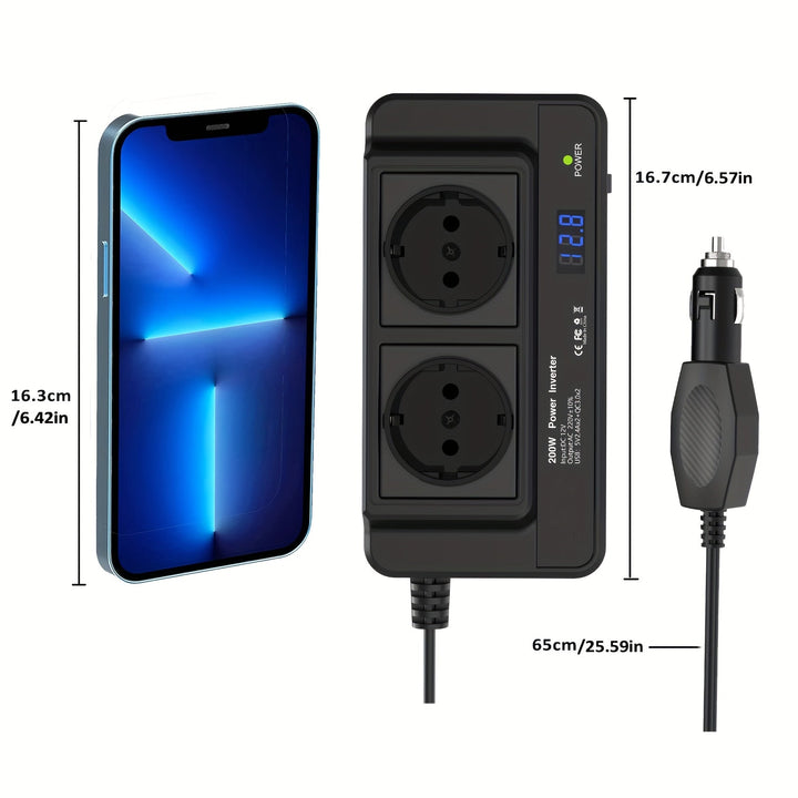 Kompakt bilväxelriktare 200W – Dubbla uttag & fyra USB-portar