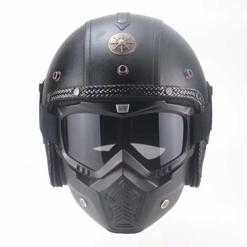 Retro vintage öppen mc-hjälm med mask och glasögon