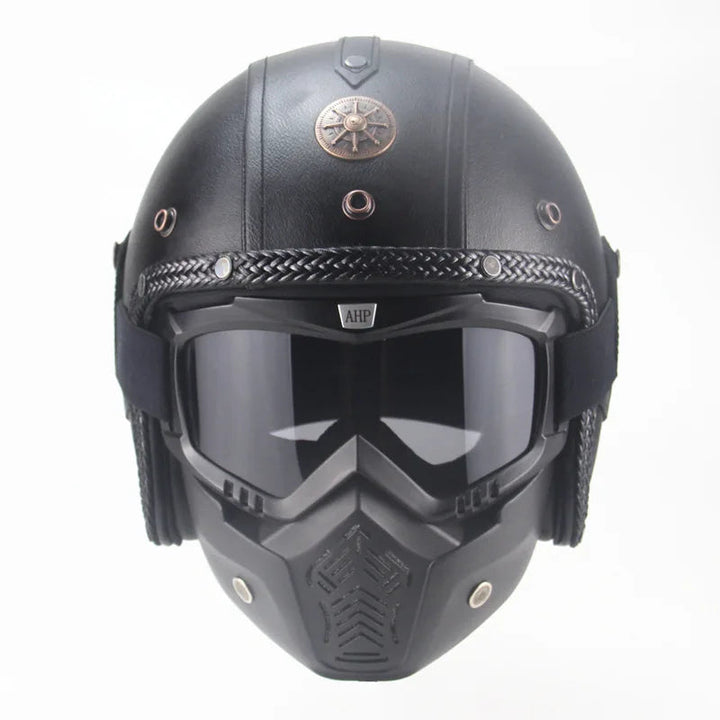 Retro vintage öppen mc-hjälm med mask och glasögon
