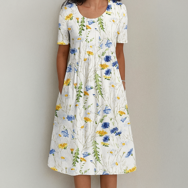Sommarklänning i vintage-stil med blommor och volanger