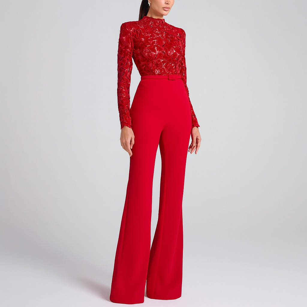 Elegant jumpsuit med broderet blonder top til kvinder