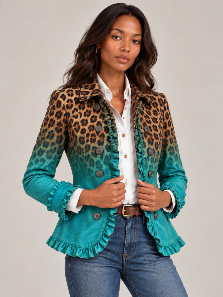 Blazer för dam med leopardmönster i toningar och volanger med dubbelknäppt framsida