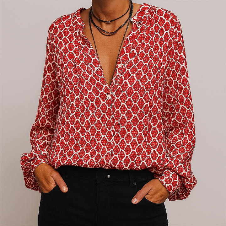Mønstret elegant bluse med V-udskæring