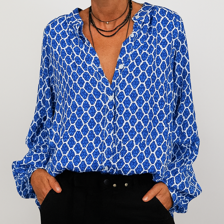 Mønstret elegant bluse med V-udskæring