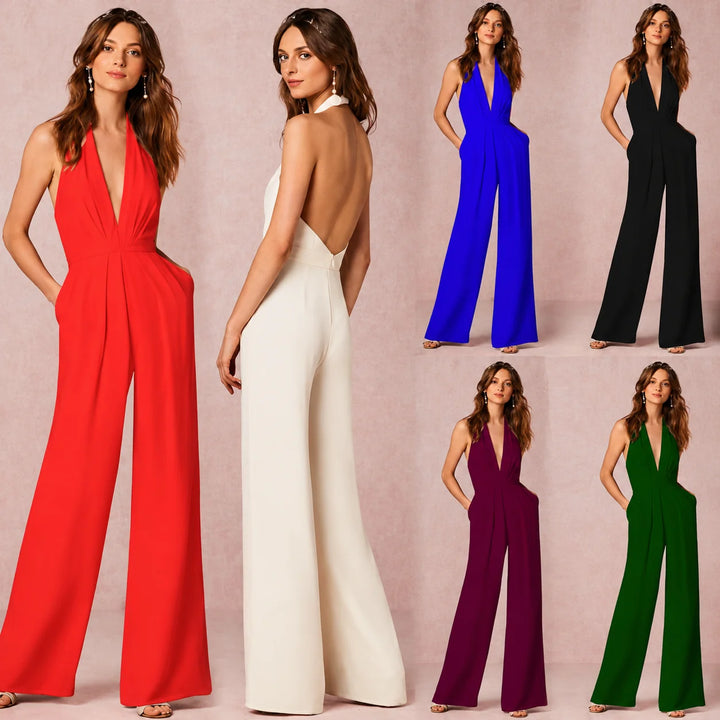 Kvinnors Rygglös Halter Bredbenad Jumpsuit