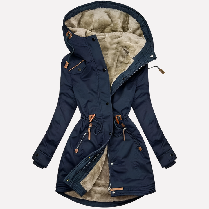 Dameparka med foret hætte og snøre i taljen