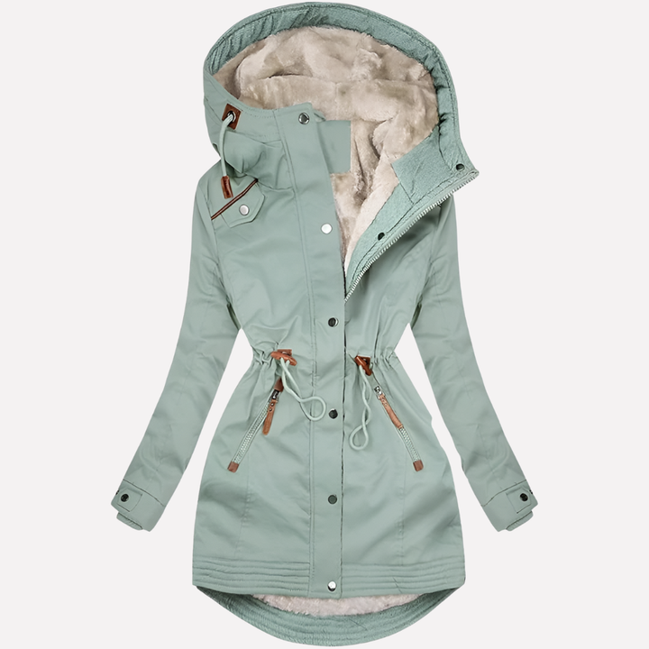 Dameparka med foret hætte og snøre i taljen