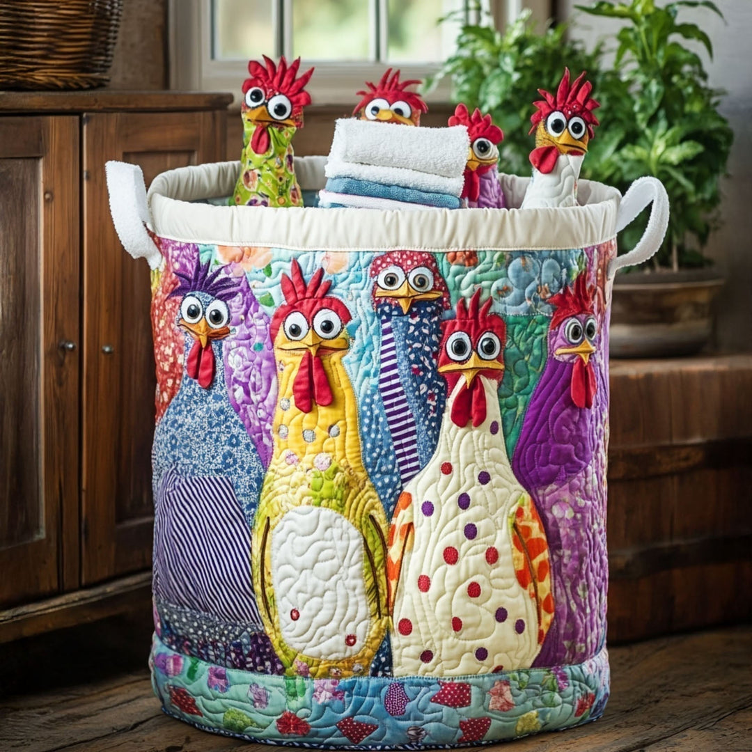 Quiltad, handsydd korg med tuppmotiv