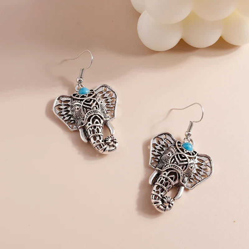 Vintage Elefant Hängande örhängen i silver Bohemian
