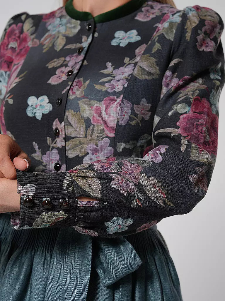 Lång vintage-dirndlklänning för dam med blommönster och förkläde, av högkvalitativt tyg