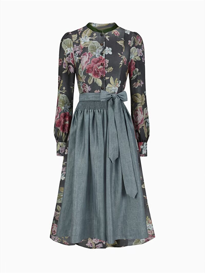 Lång vintage-dirndlklänning för dam med blommönster och förkläde, av högkvalitativt tyg