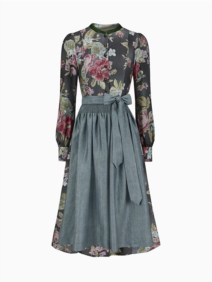 Lång vintage-dirndlklänning för dam med blommönster och förkläde, av högkvalitativt tyg