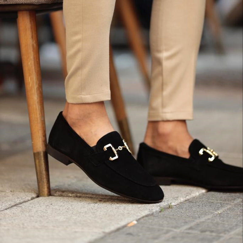 Elegante herreloafers i børstet stof med horsebit-detalje