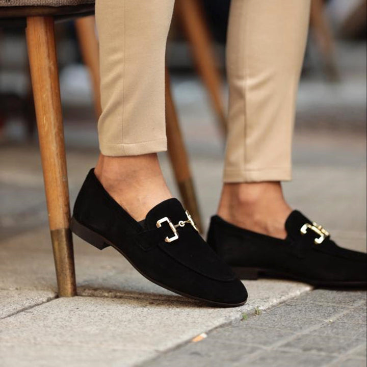 Elegante herreloafers i børstet stof med horsebit-detalje