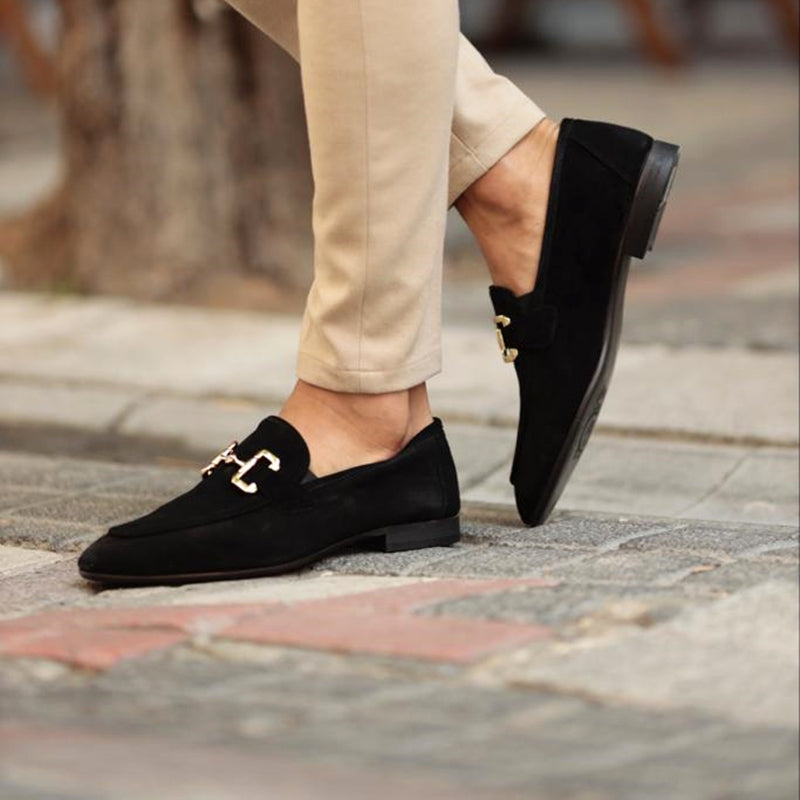 Elegante herreloafers i børstet stof med horsebit-detalje