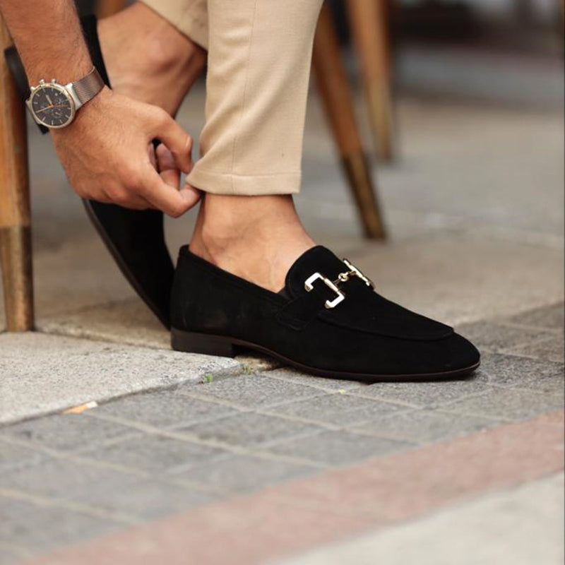 Elegante herreloafers i børstet stof med horsebit-detalje