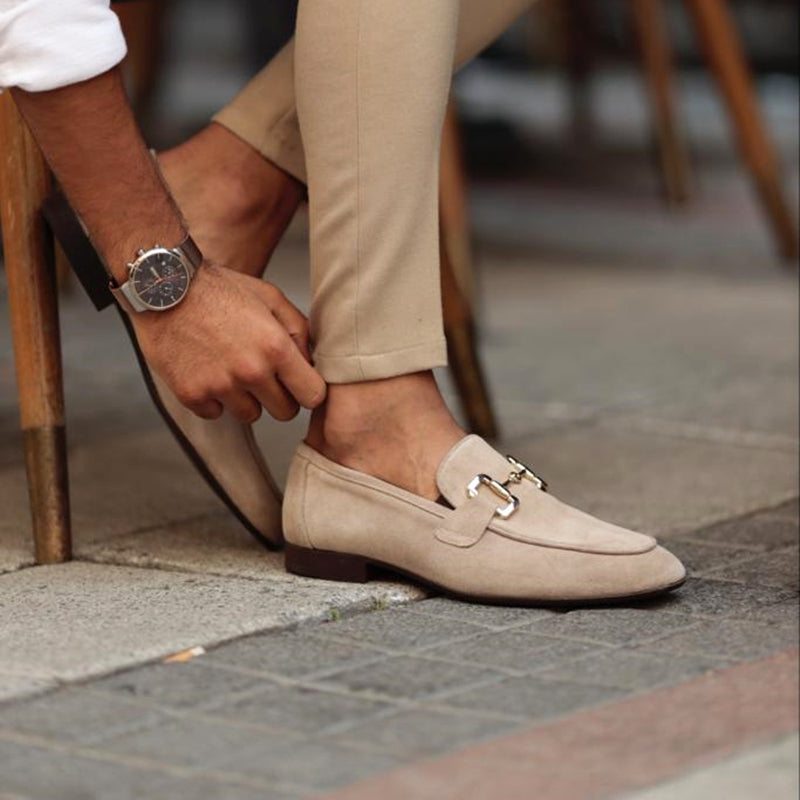 Elegante herreloafers i børstet stof med horsebit-detalje