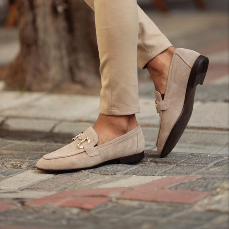 Elegante herreloafers i børstet stof med horsebit-detalje
